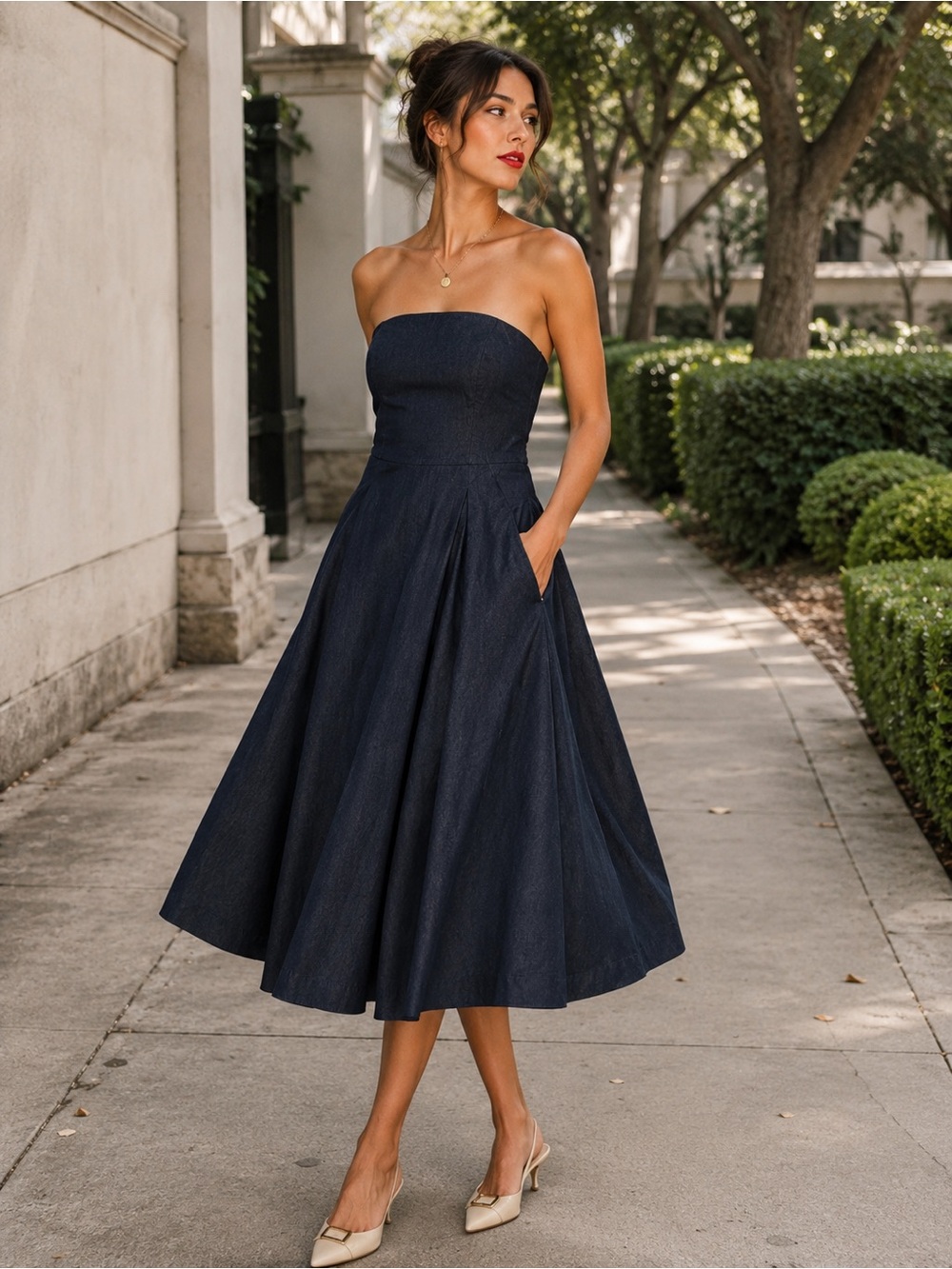 Vintage White House Black Market Navy Strapless Midi Fit-and-Flare Dress
